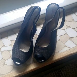 Black Shimmery Open Toe Sling Back Heels